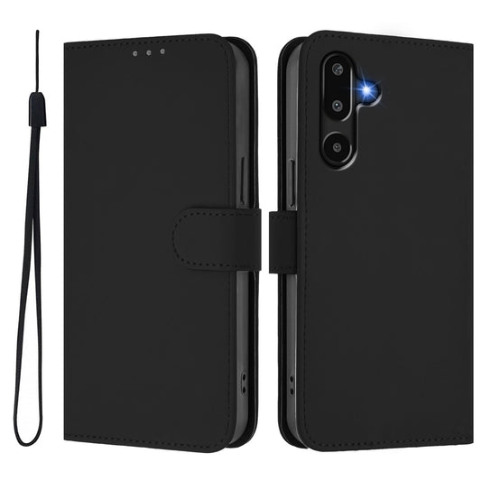 For Samsung Galaxy M16 5G / Galaxy F16 5G Case Solid Color Wallet Leather Phone Cover with Strap - Black