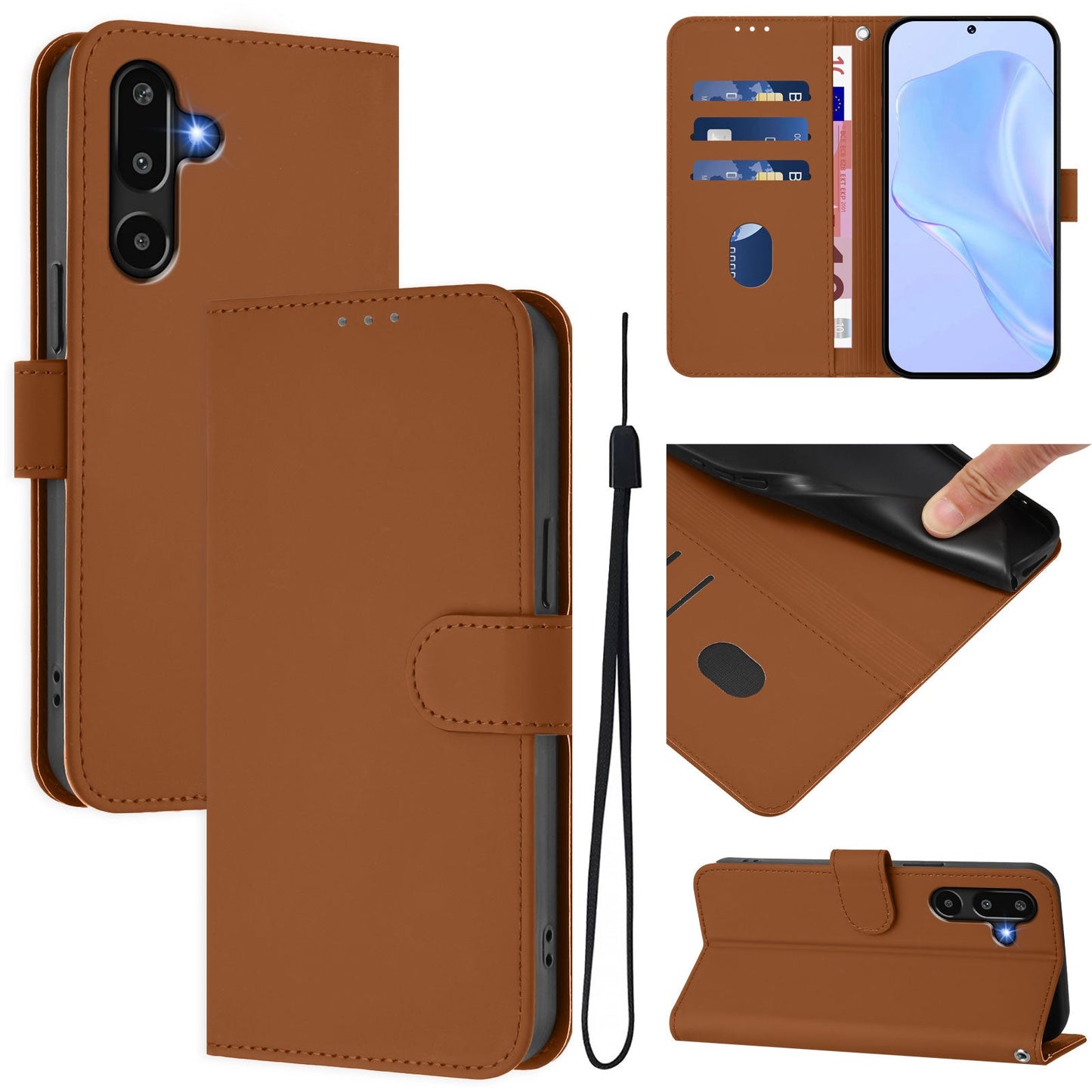 For Samsung Galaxy M16 5G / Galaxy F16 5G Case Solid Color Wallet Leather Phone Cover with Strap - Brown