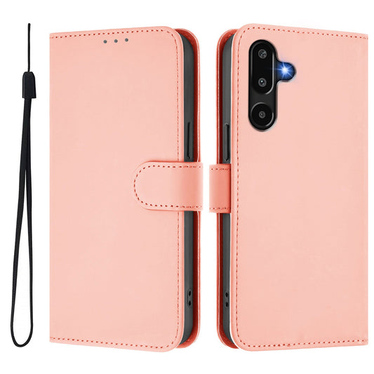 For Samsung Galaxy M16 5G / Galaxy F16 5G Case Solid Color Wallet Leather Phone Cover with Strap - Pink
