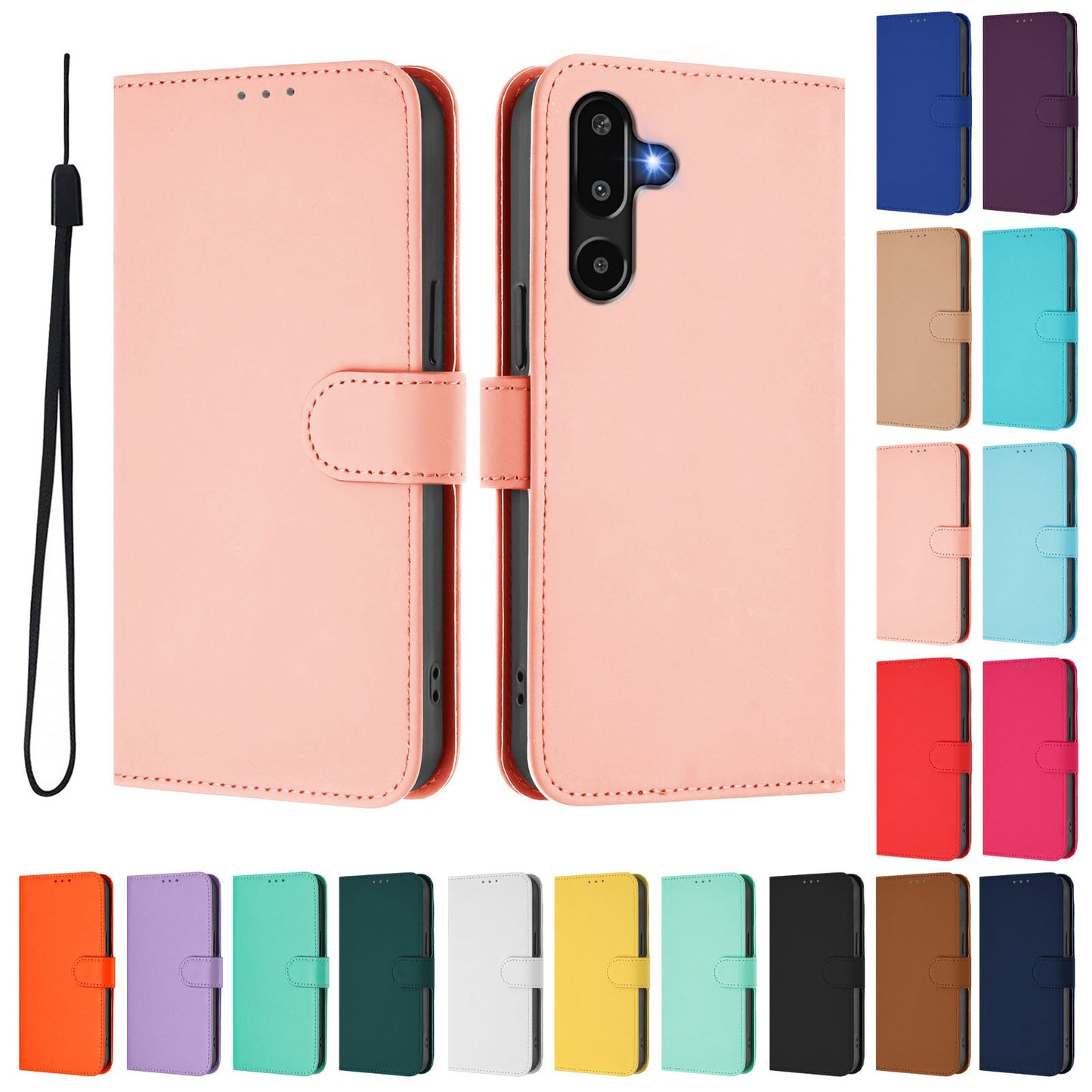 For Samsung Galaxy M16 5G / Galaxy F16 5G Case Solid Color Wallet Leather Phone Cover with Strap - Pink