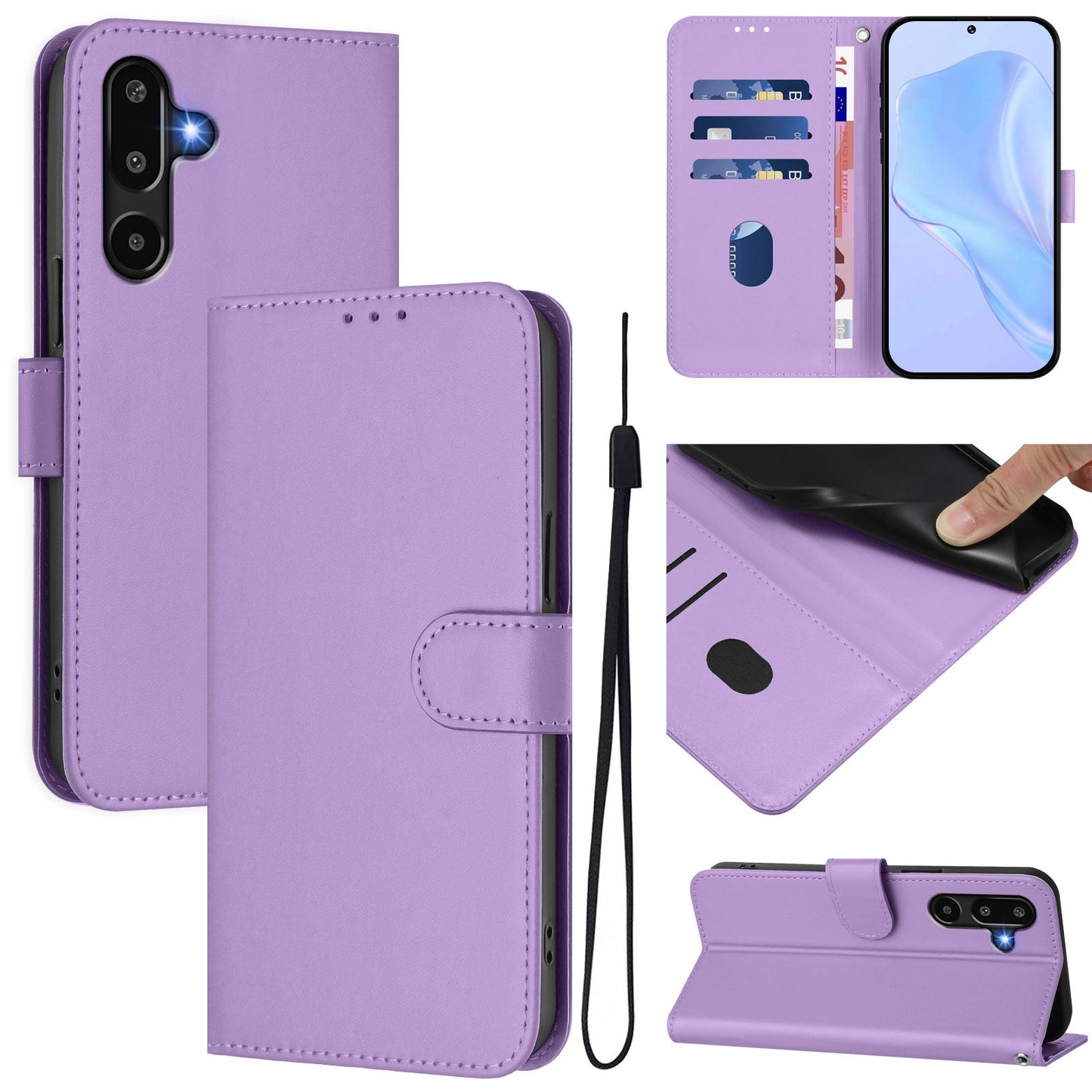 For Samsung Galaxy M16 5G / Galaxy F16 5G Case Solid Color Wallet Leather Phone Cover with Strap - Lavender