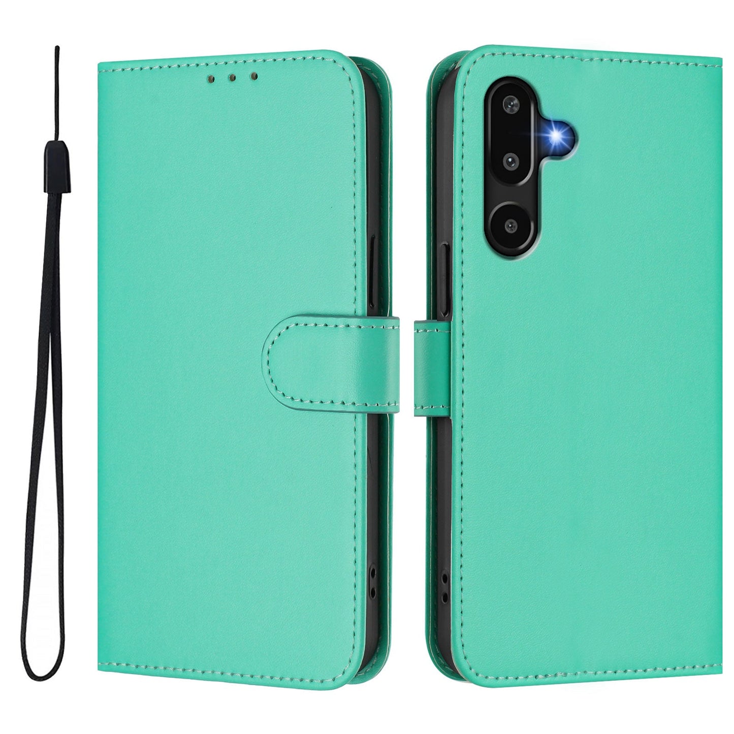 For Samsung Galaxy M16 5G / Galaxy F16 5G Case Solid Color Wallet Leather Phone Cover with Strap - Green