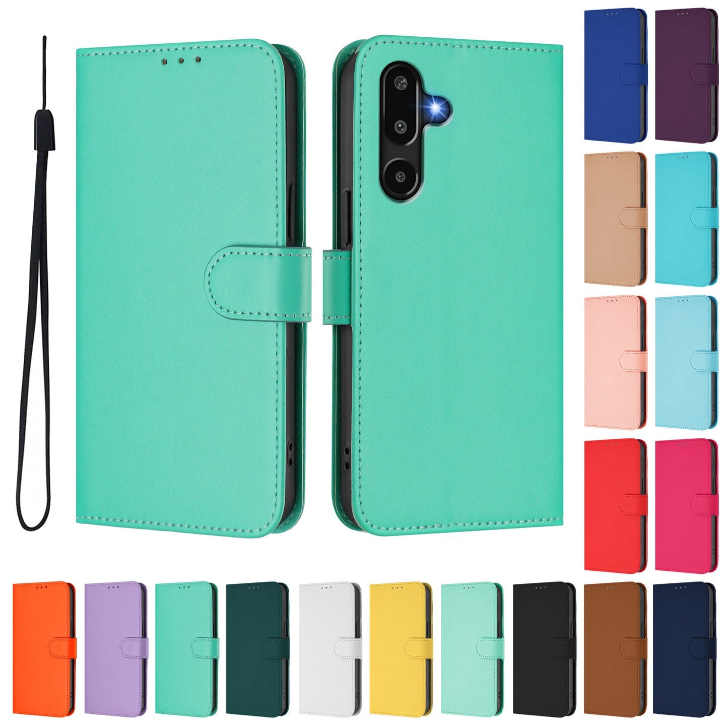 For Samsung Galaxy M16 5G / Galaxy F16 5G Case Solid Color Wallet Leather Phone Cover with Strap - Green