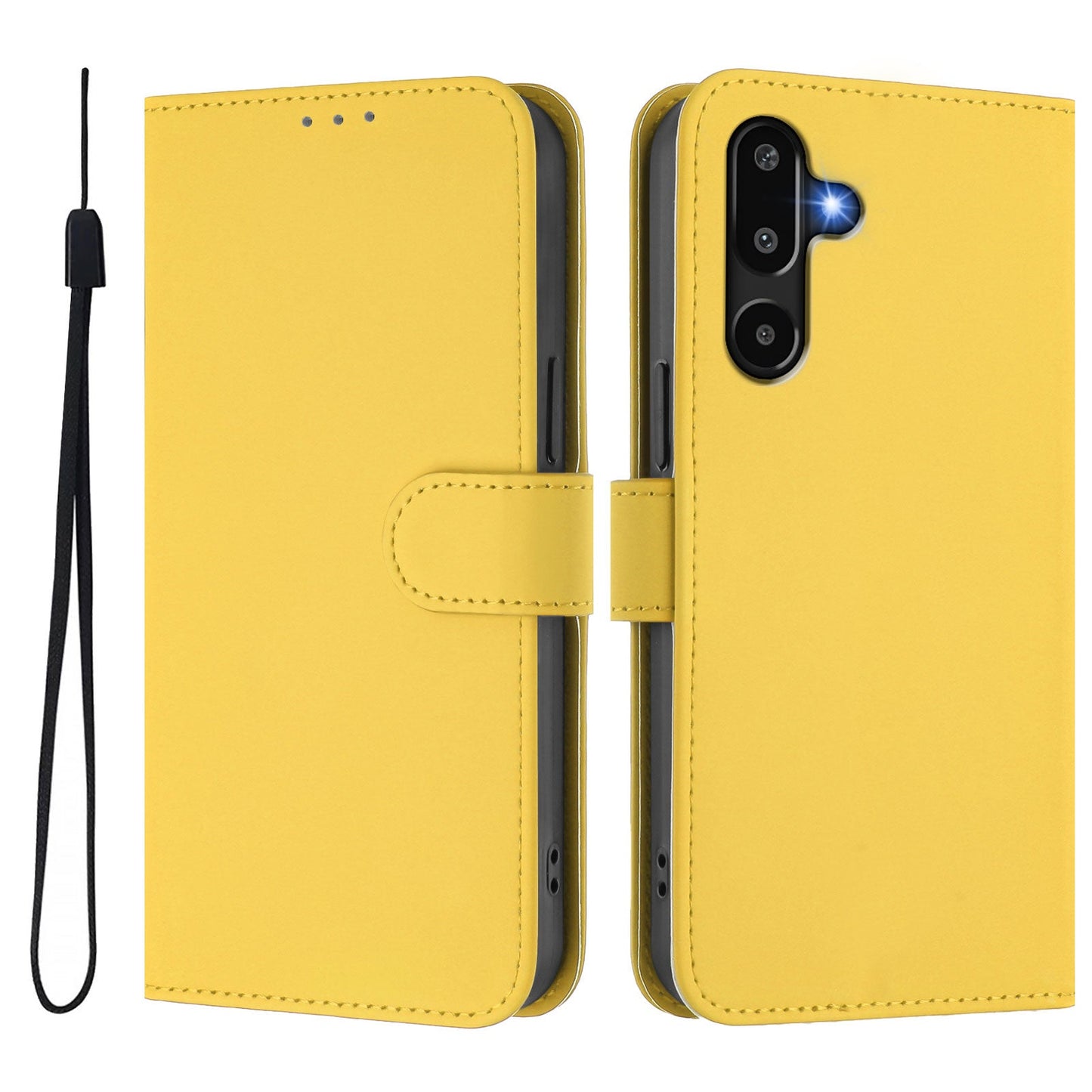 For Samsung Galaxy M16 5G / Galaxy F16 5G Case Solid Color Wallet Leather Phone Cover with Strap - Lemon