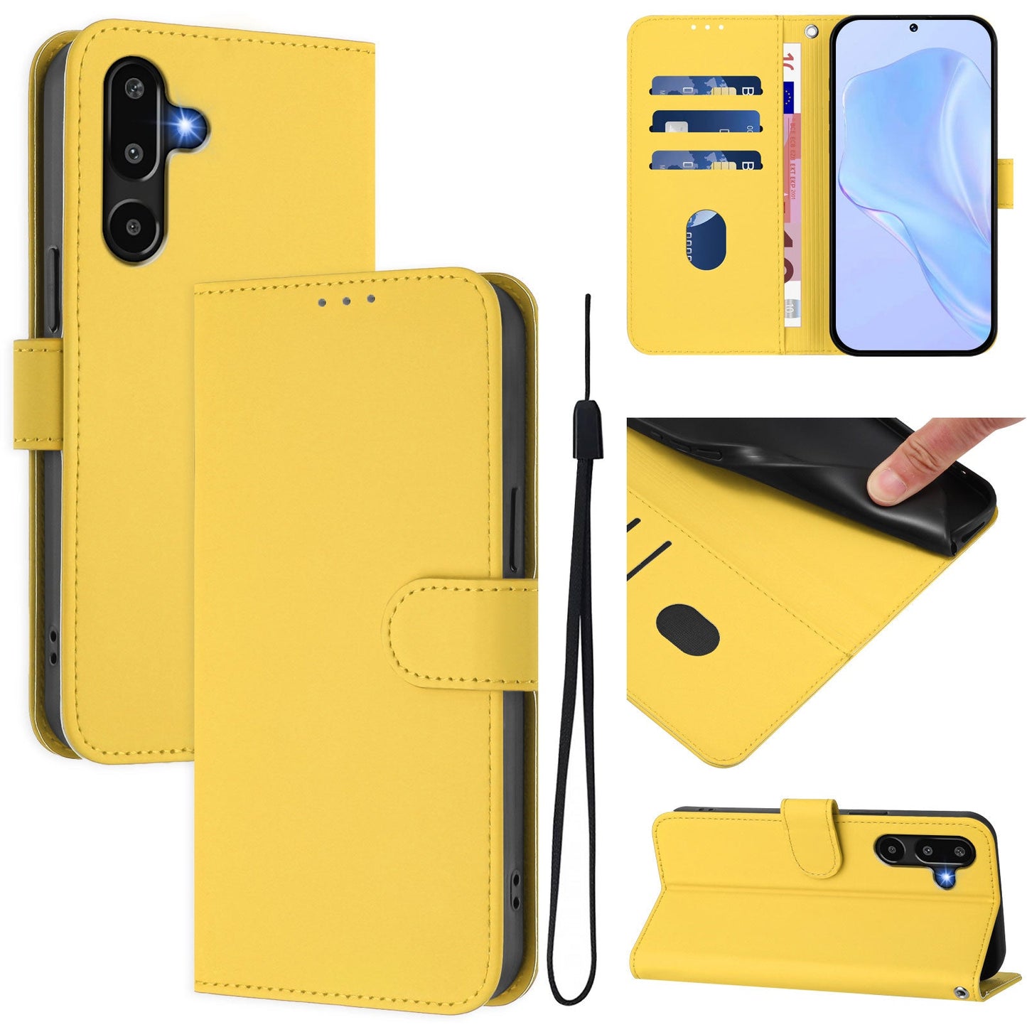 For Samsung Galaxy M16 5G / Galaxy F16 5G Case Solid Color Wallet Leather Phone Cover with Strap - Lemon