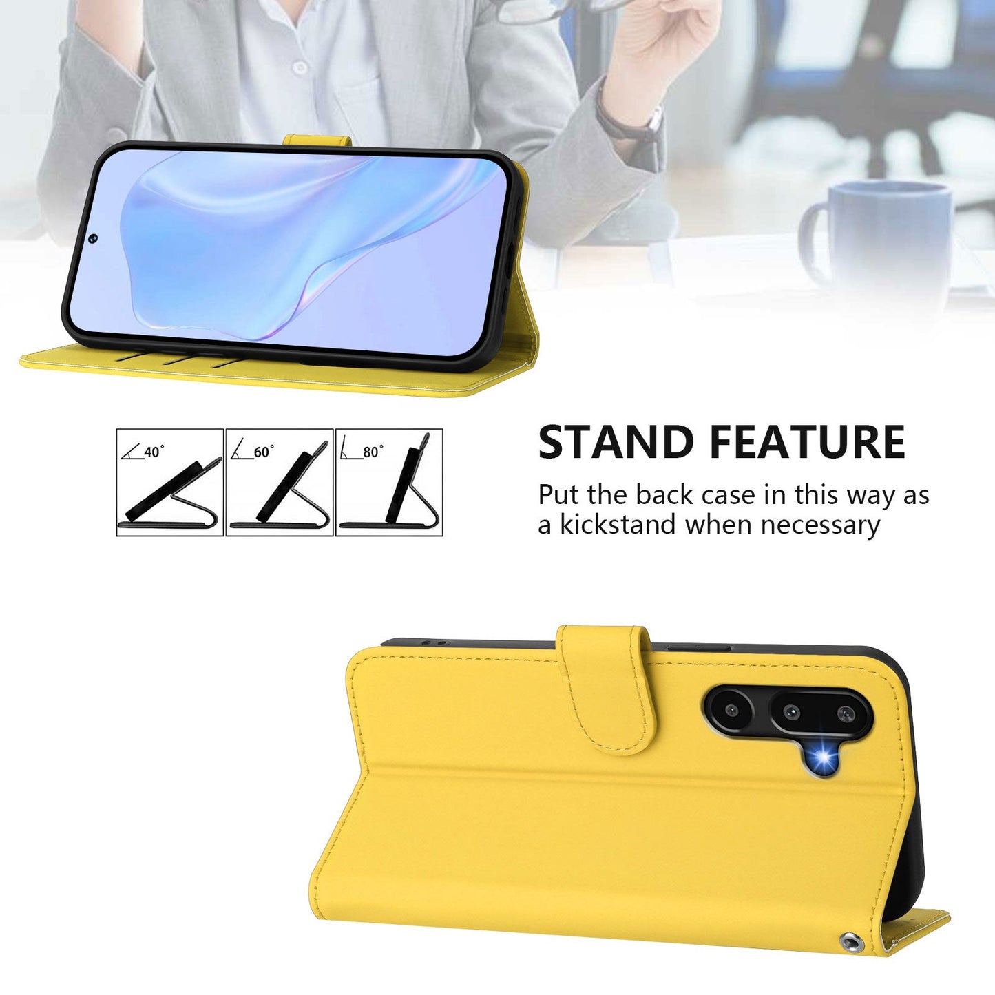 For Samsung Galaxy M16 5G / Galaxy F16 5G Case Solid Color Wallet Leather Phone Cover with Strap - Lemon