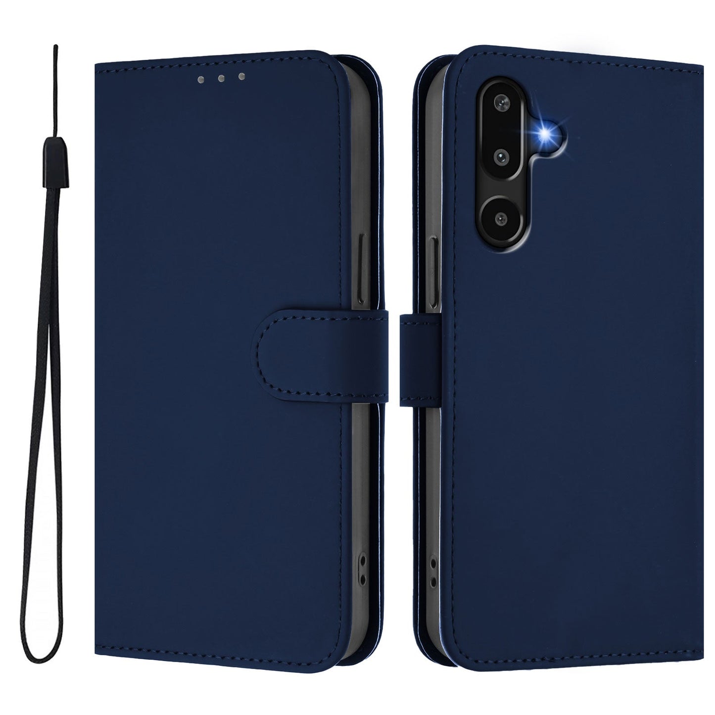 For Samsung Galaxy M16 5G / Galaxy F16 5G Case Solid Color Wallet Leather Phone Cover with Strap - Navy Blue