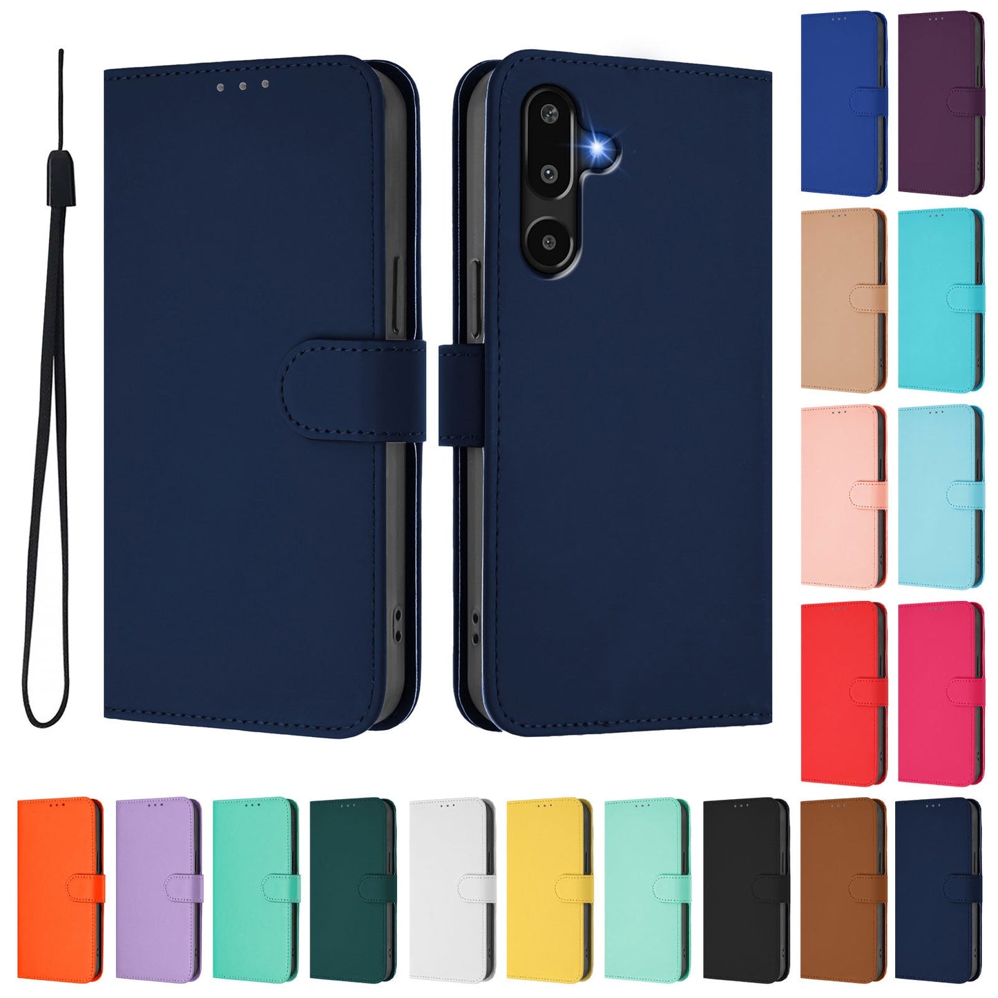 For Samsung Galaxy M16 5G / Galaxy F16 5G Case Solid Color Wallet Leather Phone Cover with Strap - Navy Blue