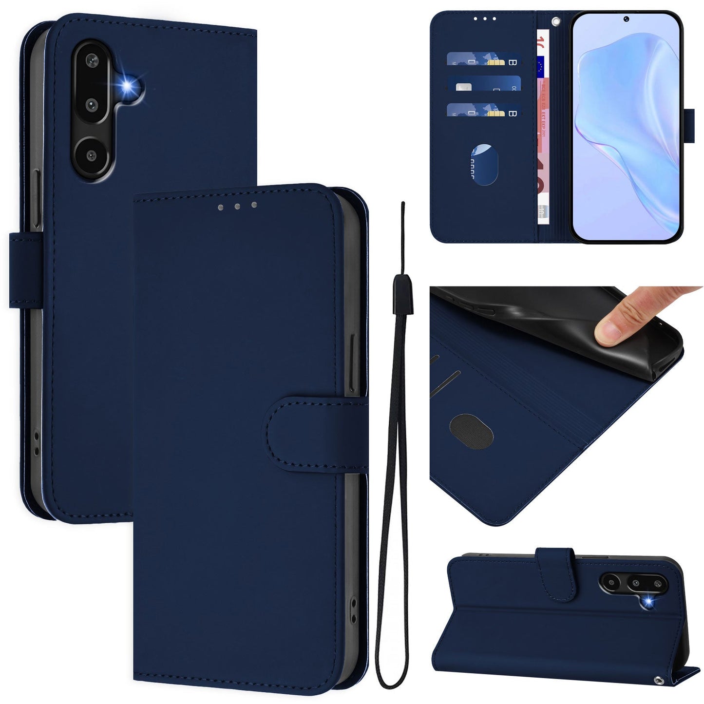 For Samsung Galaxy M16 5G / Galaxy F16 5G Case Solid Color Wallet Leather Phone Cover with Strap - Navy Blue
