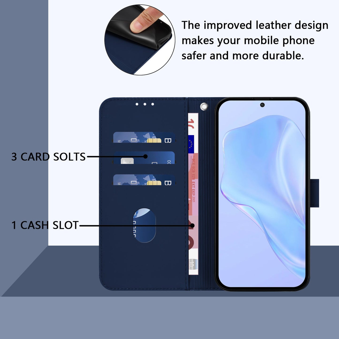 For Samsung Galaxy M16 5G / Galaxy F16 5G Case Solid Color Wallet Leather Phone Cover with Strap - Navy Blue