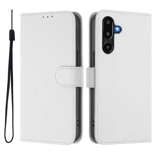 For Samsung Galaxy M16 5G / Galaxy F16 5G Case Solid Color Wallet Leather Phone Cover with Strap - White