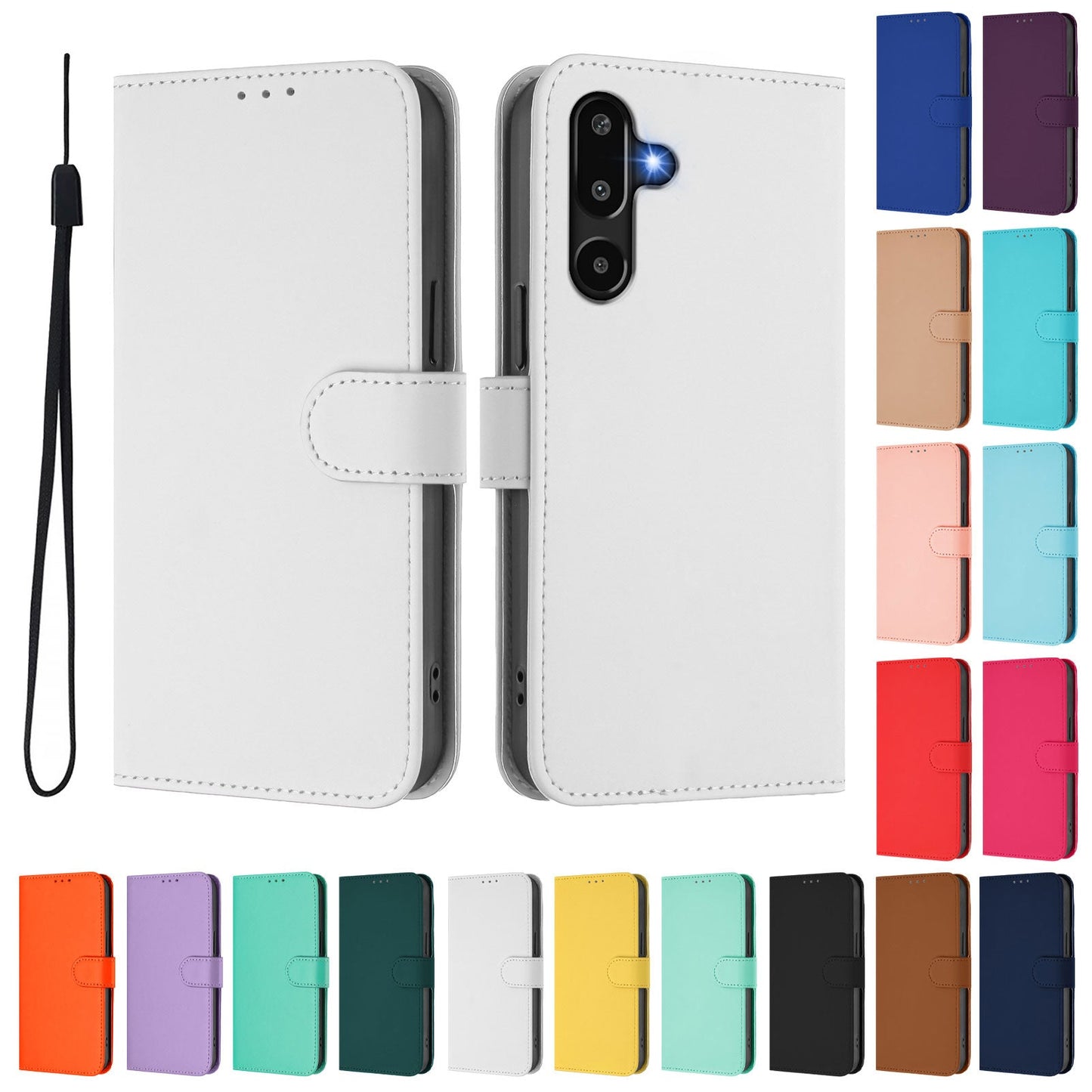 For Samsung Galaxy M16 5G / Galaxy F16 5G Case Solid Color Wallet Leather Phone Cover with Strap - White