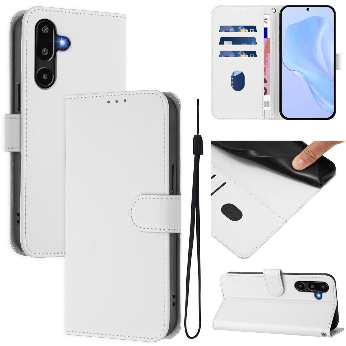 For Samsung Galaxy M16 5G / Galaxy F16 5G Case Solid Color Wallet Leather Phone Cover with Strap - White
