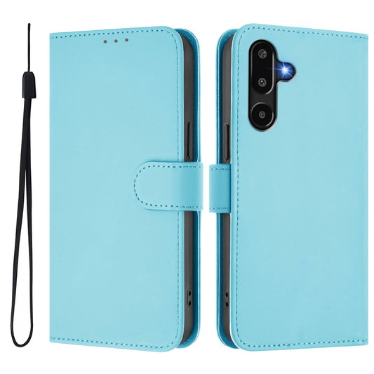 For Samsung Galaxy M16 5G / Galaxy F16 5G Case Solid Color Wallet Leather Phone Cover with Strap - Sky Blue
