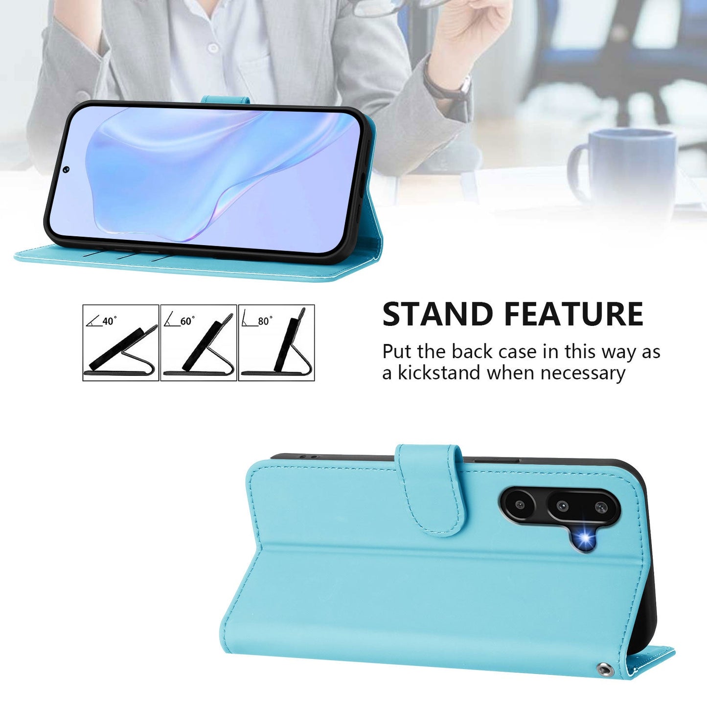 For Samsung Galaxy M16 5G / Galaxy F16 5G Case Solid Color Wallet Leather Phone Cover with Strap - Sky Blue