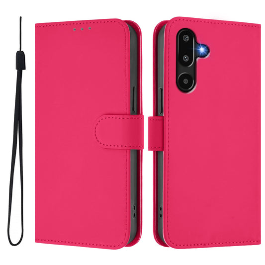 For Samsung Galaxy M16 5G / Galaxy F16 5G Case Solid Color Wallet Leather Phone Cover with Strap - Rose Red