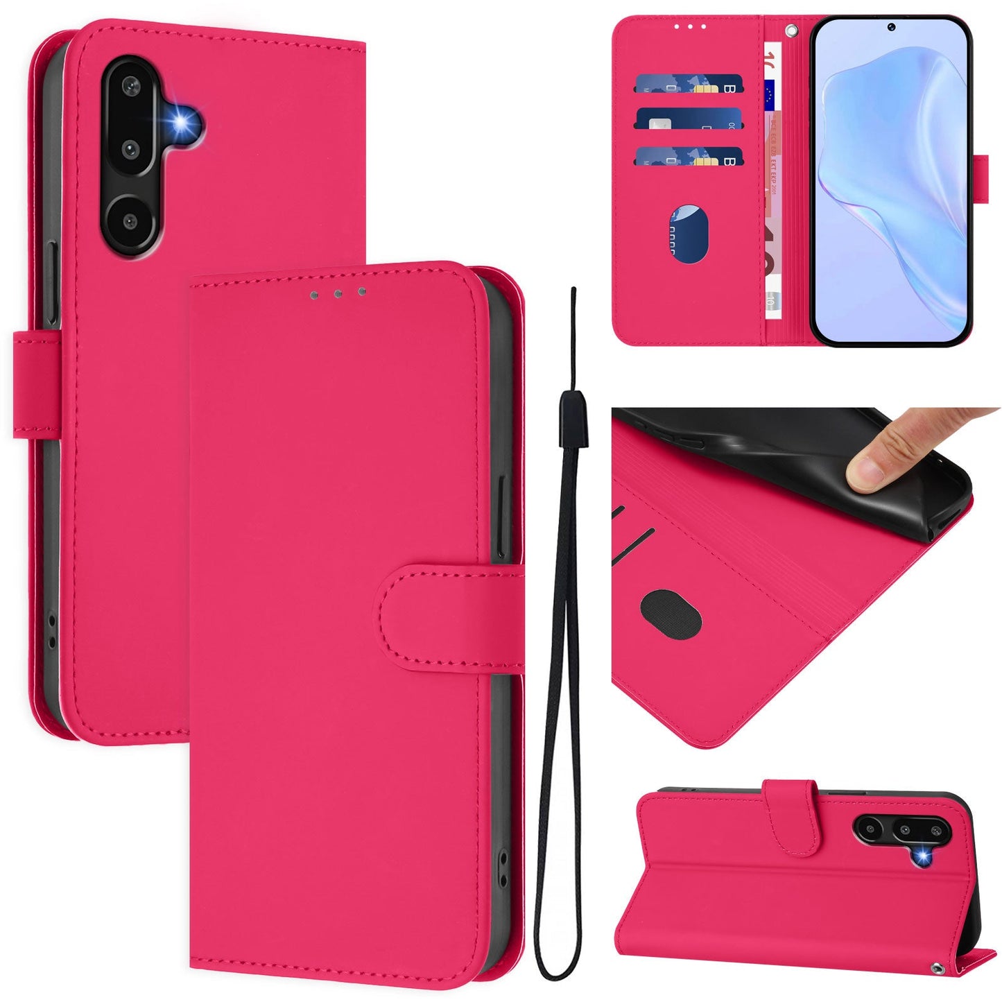For Samsung Galaxy M16 5G / Galaxy F16 5G Case Solid Color Wallet Leather Phone Cover with Strap - Rose Red