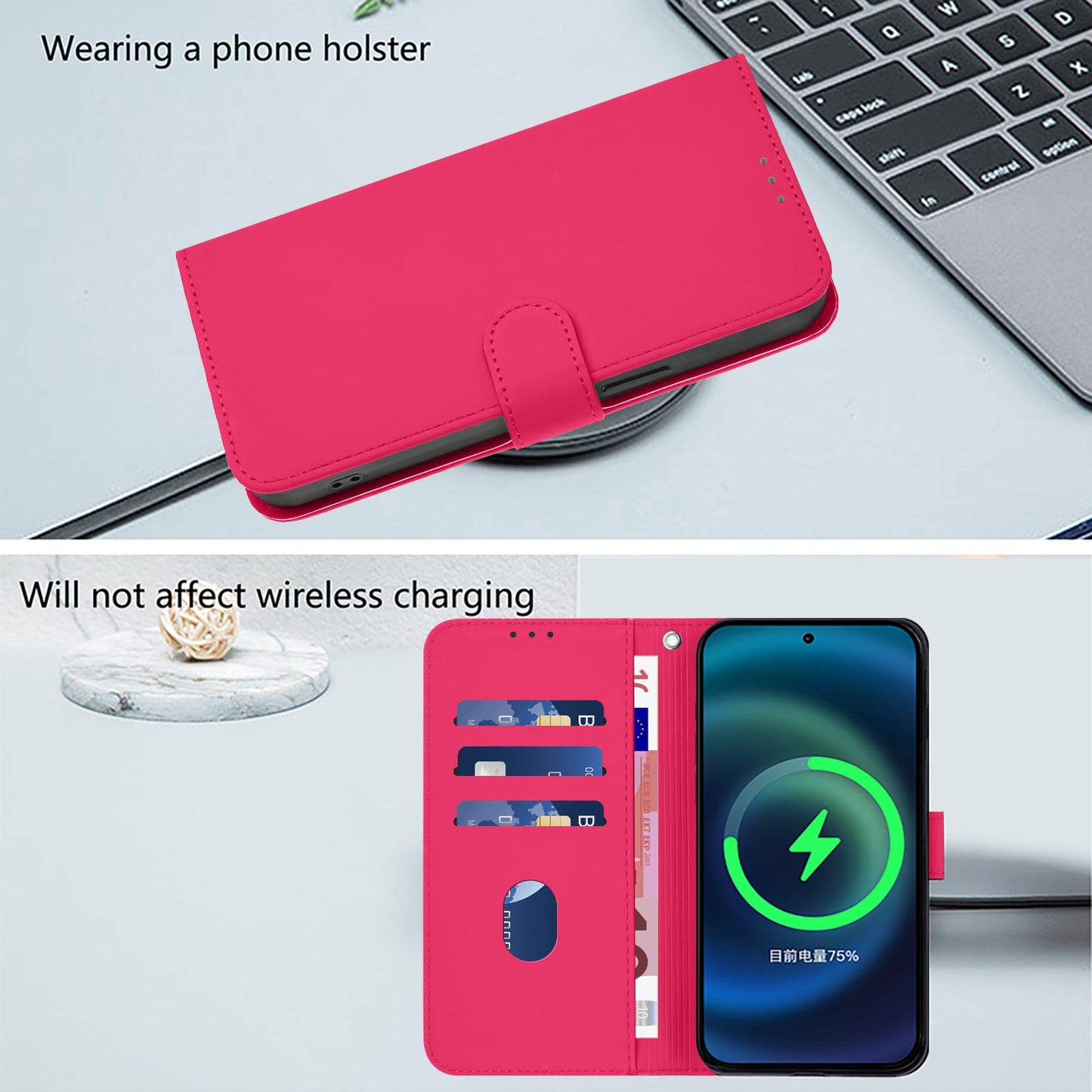 For Samsung Galaxy M16 5G / Galaxy F16 5G Case Solid Color Wallet Leather Phone Cover with Strap - Rose Red