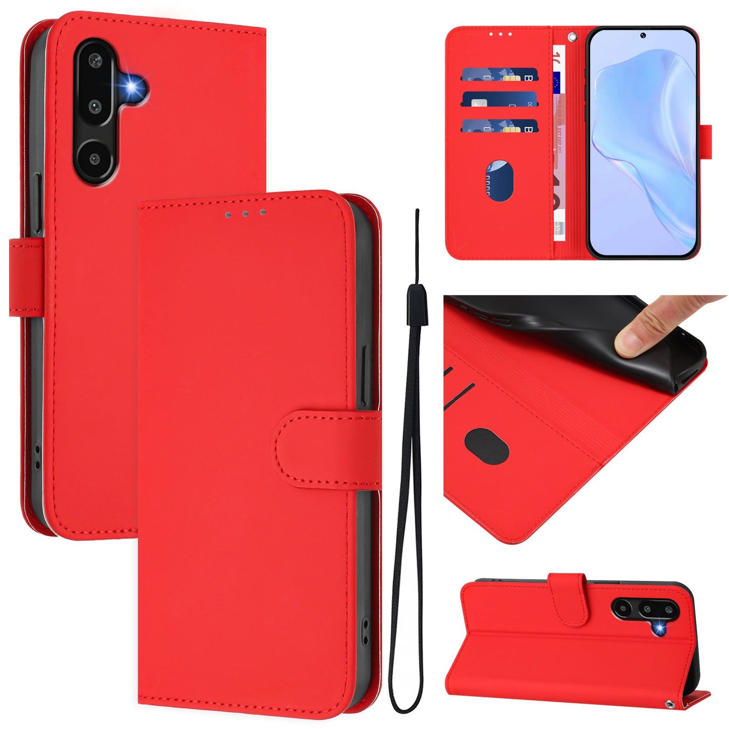 For Samsung Galaxy M16 5G / Galaxy F16 5G Case Solid Color Wallet Leather Phone Cover with Strap - Bright Red