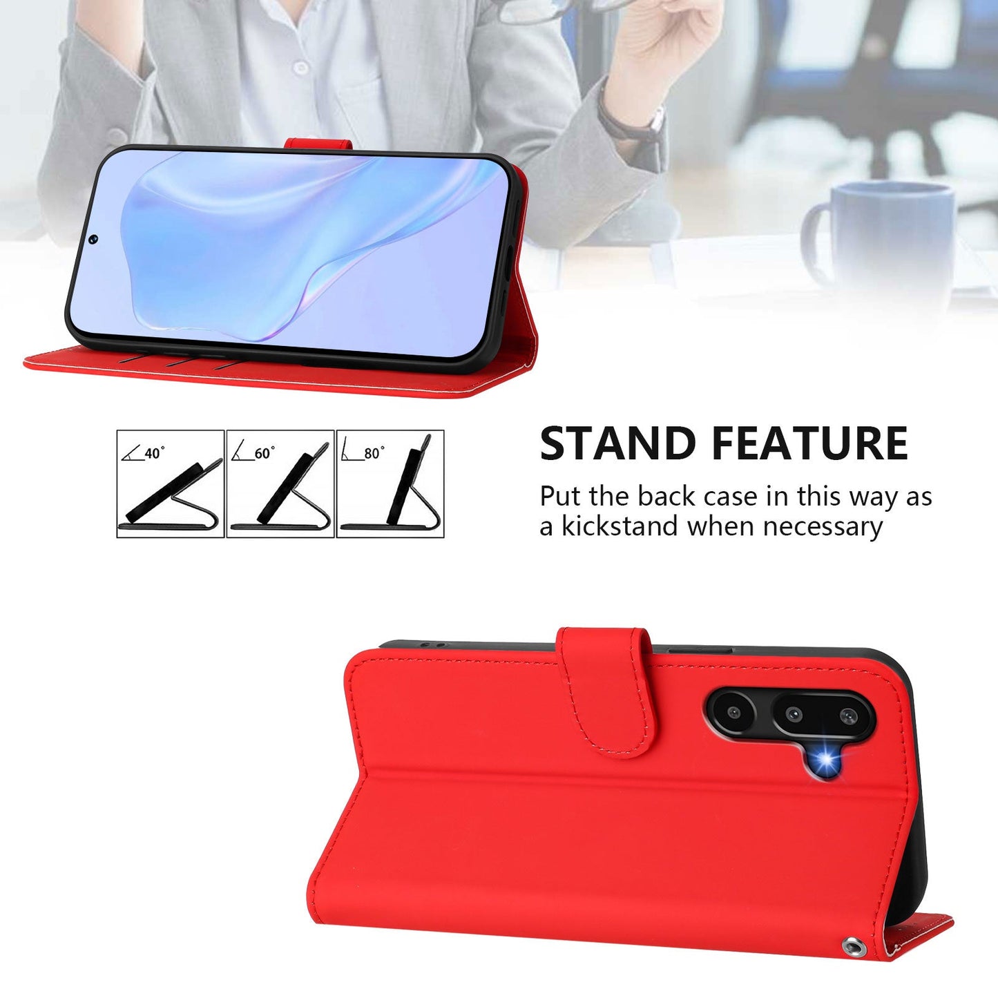 For Samsung Galaxy M16 5G / Galaxy F16 5G Case Solid Color Wallet Leather Phone Cover with Strap - Bright Red