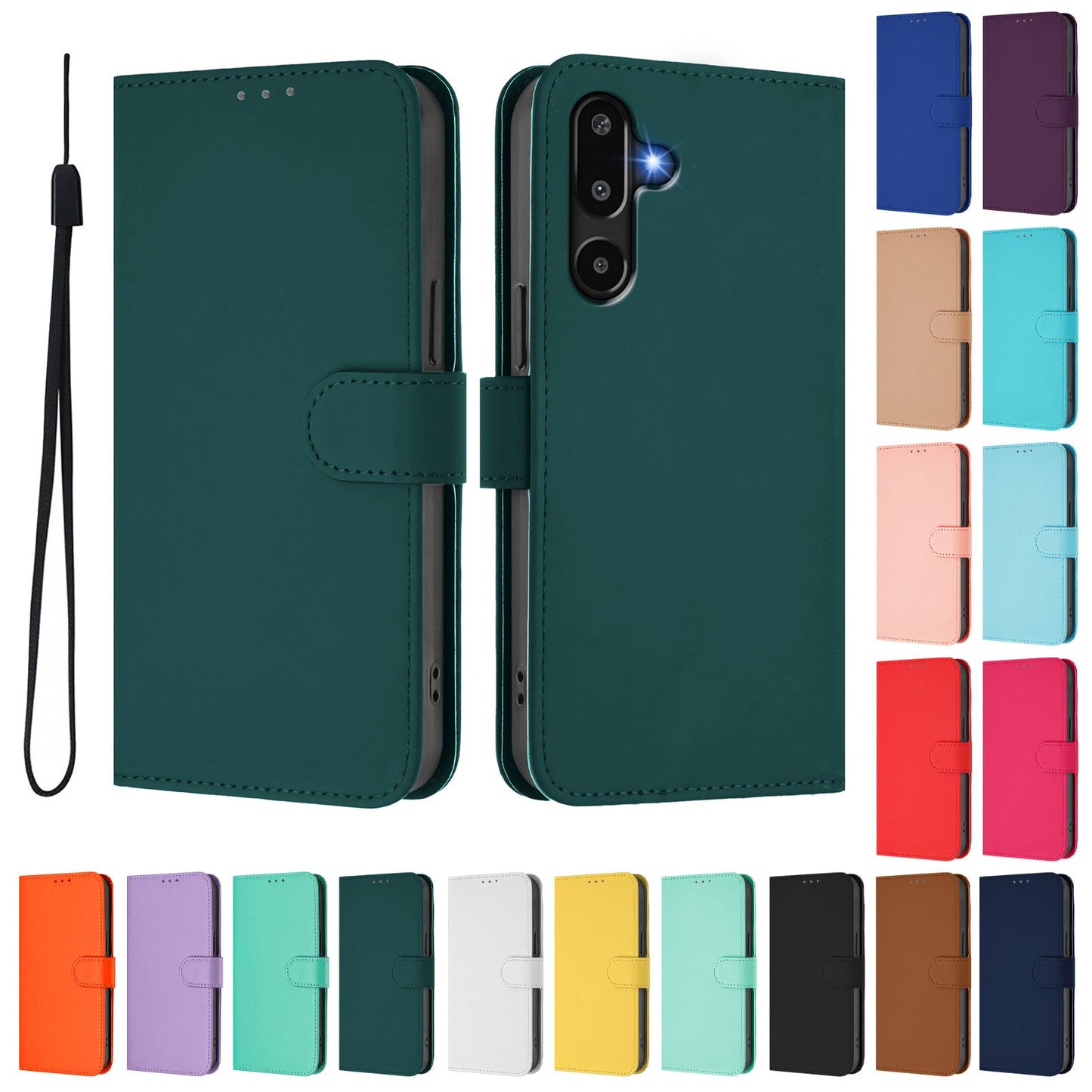 For Samsung Galaxy M16 5G / Galaxy F16 5G Case Solid Color Wallet Leather Phone Cover with Strap - Dark Green