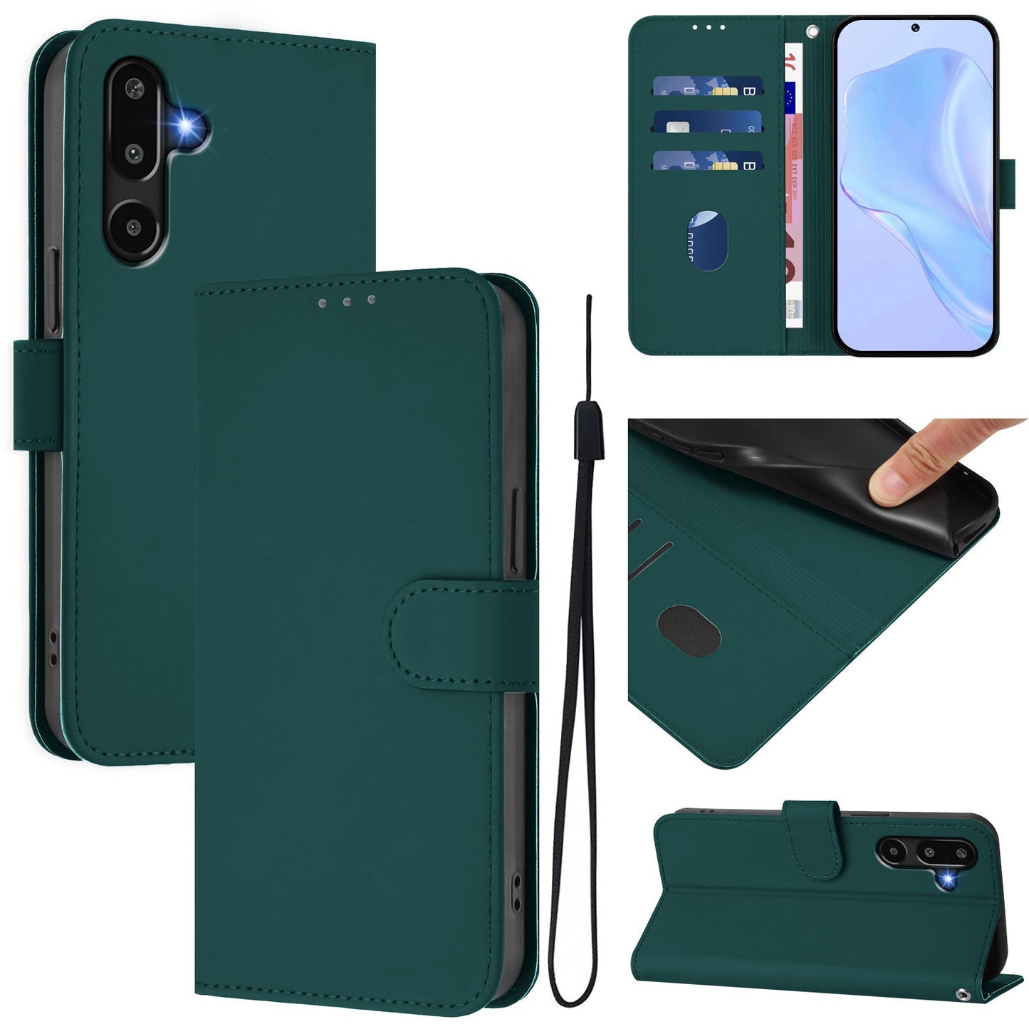 For Samsung Galaxy M16 5G / Galaxy F16 5G Case Solid Color Wallet Leather Phone Cover with Strap - Dark Green