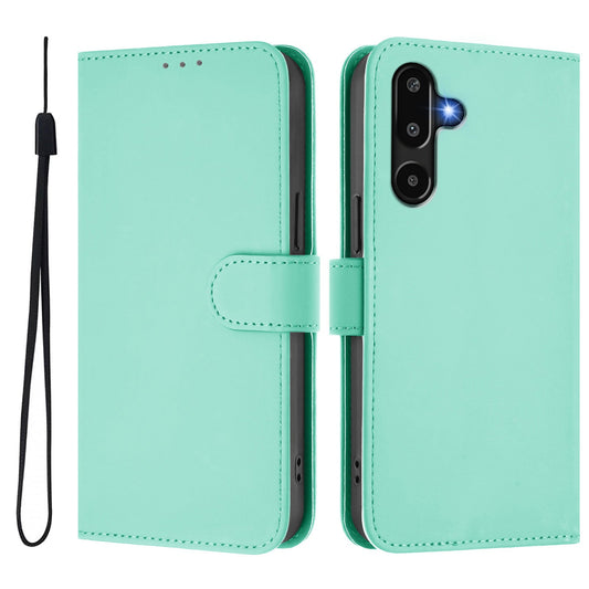 For Samsung Galaxy M16 5G / Galaxy F16 5G Case Solid Color Wallet Leather Phone Cover with Strap - Mint Green