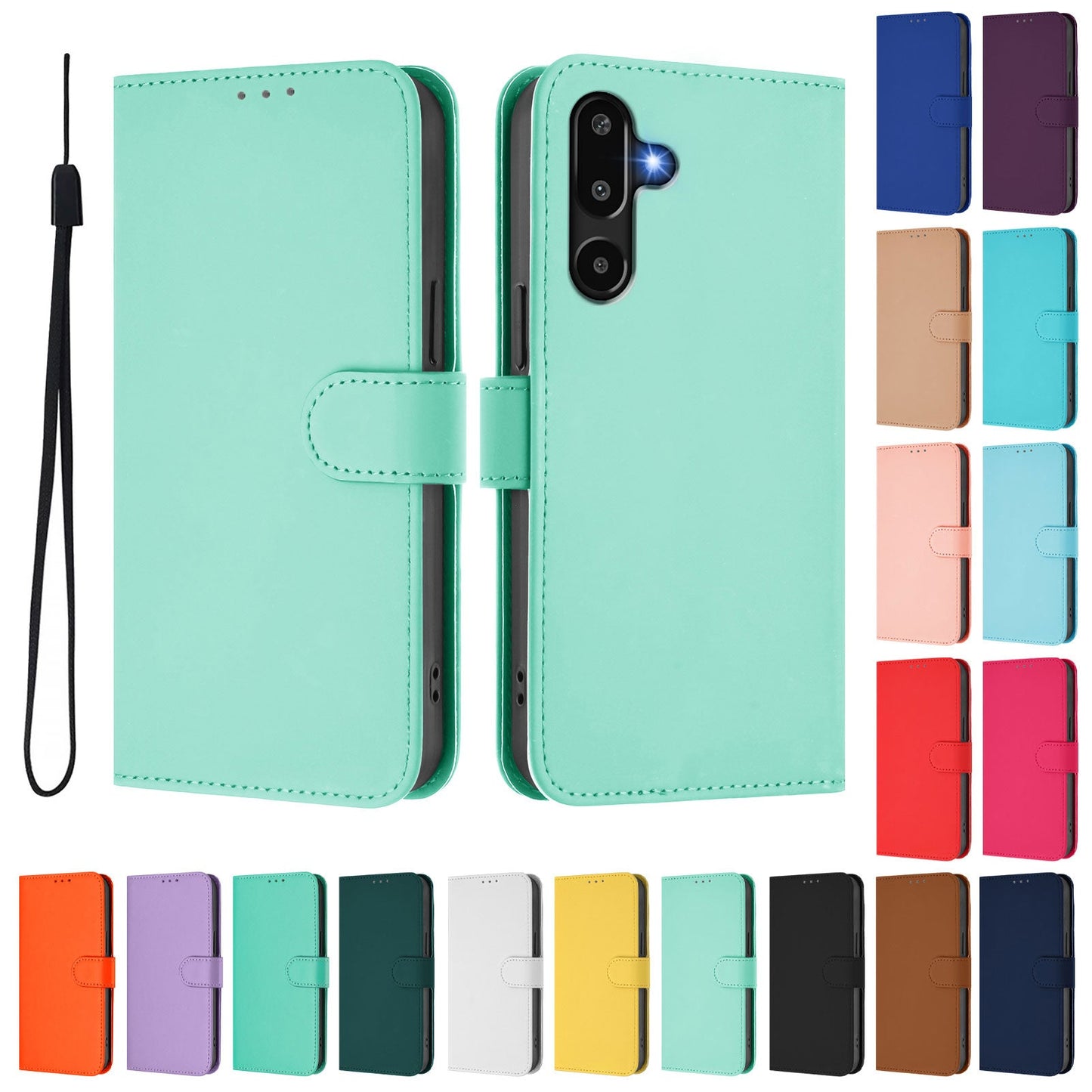 For Samsung Galaxy M16 5G / Galaxy F16 5G Case Solid Color Wallet Leather Phone Cover with Strap - Mint Green