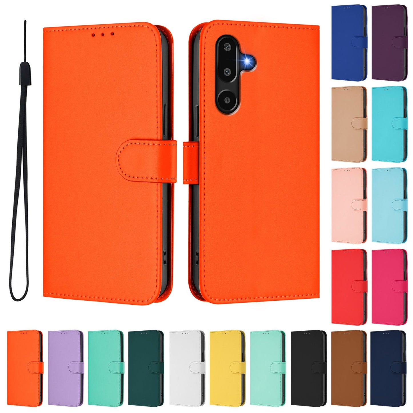 For Samsung Galaxy M16 5G / Galaxy F16 5G Case Solid Color Wallet Leather Phone Cover with Strap - Orange