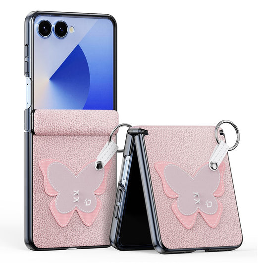 DUX DUCIS Luvy Series For Samsung Galaxy Z Flip7 5G Case PU Leather + PC Phone Case with Ring Holder / Strap - Pink Butterfly