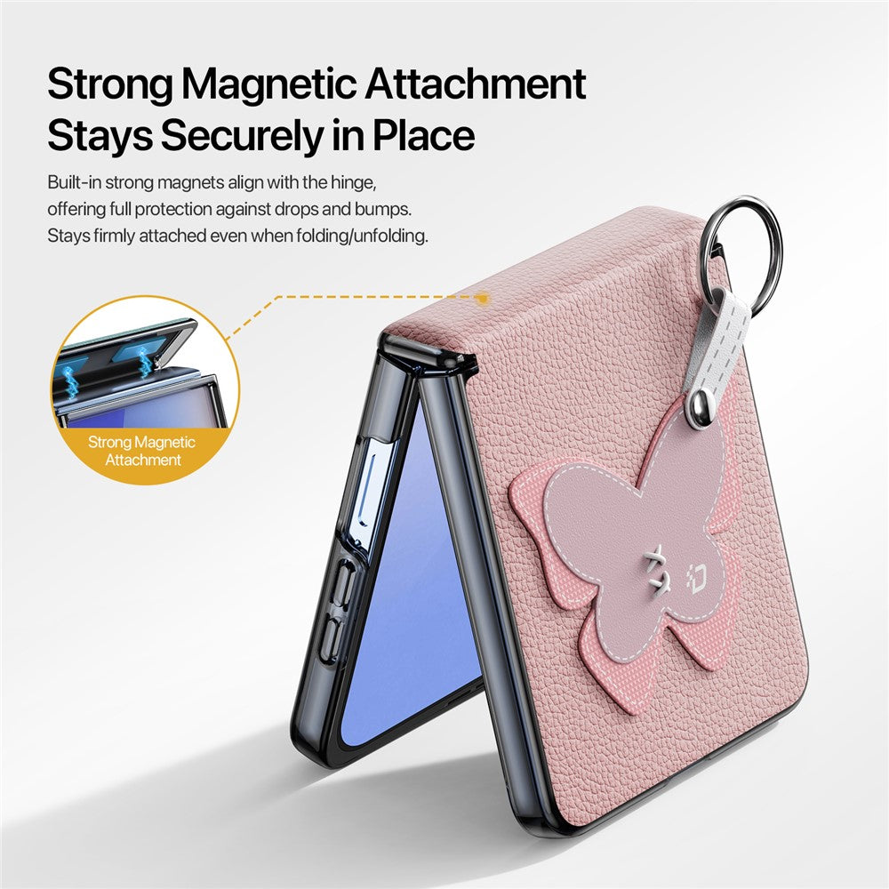 DUX DUCIS Luvy Series For Samsung Galaxy Z Flip7 5G Case PU Leather + PC Phone Case with Ring Holder / Strap - Pink Butterfly