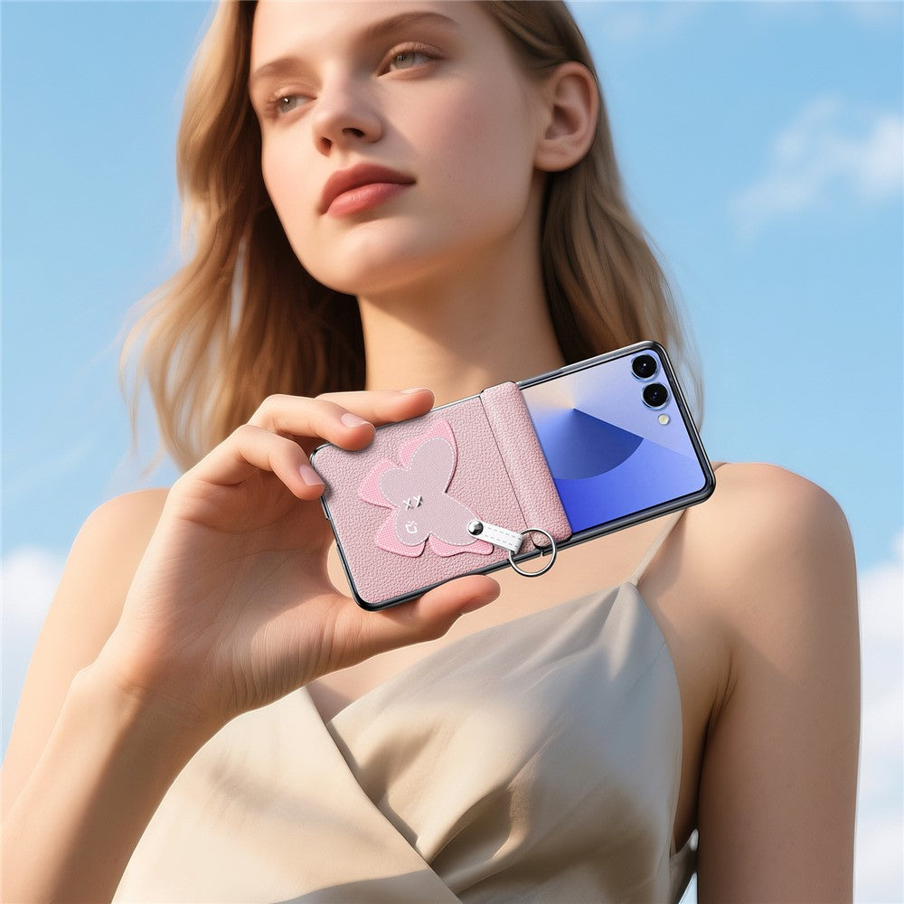 DUX DUCIS Luvy Series For Samsung Galaxy Z Flip7 5G Case PU Leather + PC Phone Case with Ring Holder / Strap - Pink Butterfly