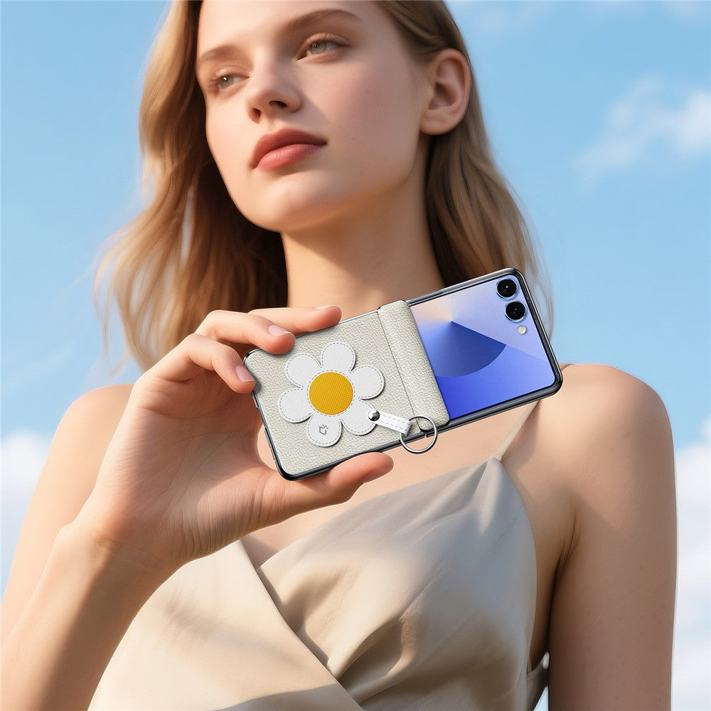 DUX DUCIS Luvy Series For Samsung Galaxy Z Flip7 5G Case PU Leather + PC Phone Case with Ring Holder / Strap - Starlight Daisy