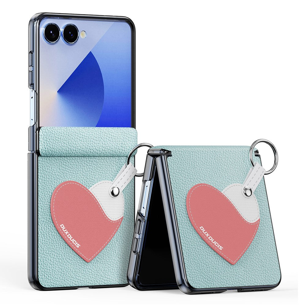 DUX DUCIS Luvy Series For Samsung Galaxy Z Flip7 5G Case PU Leather + PC Phone Case with Ring Holder / Strap - Cyan Blue Heart