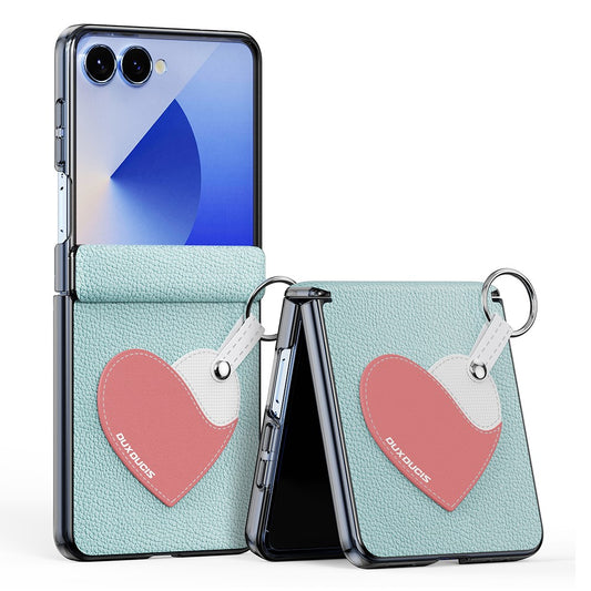 DUX DUCIS Luvy Series For Samsung Galaxy Z Flip7 5G Case PU Leather + PC Phone Case with Ring Holder / Strap - Cyan Blue Heart