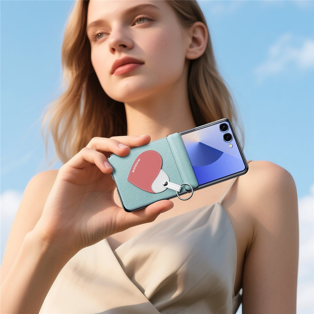 DUX DUCIS Luvy Series For Samsung Galaxy Z Flip7 5G Case PU Leather + PC Phone Case with Ring Holder / Strap - Cyan Blue Heart