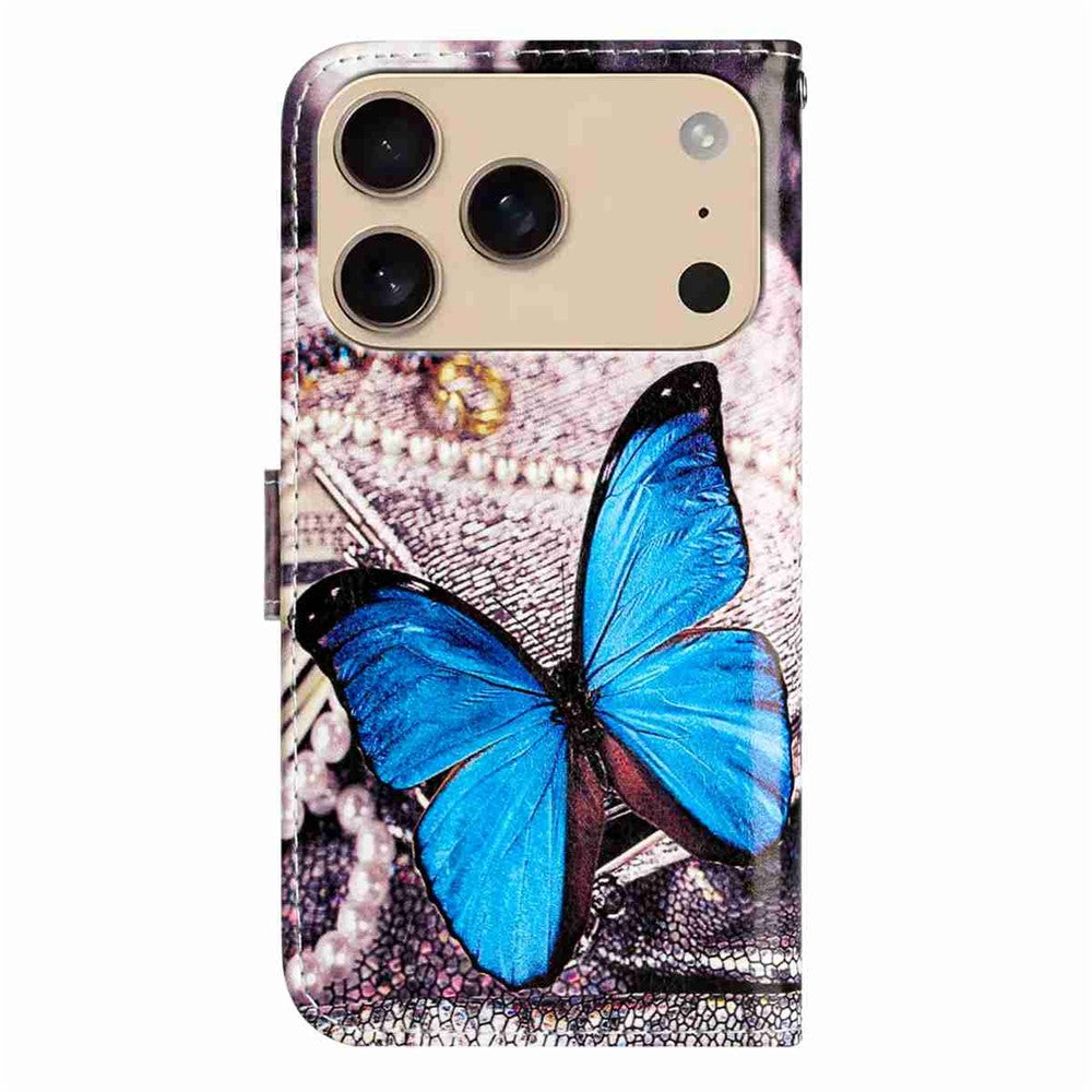 For iPhone 17 Pro Max Wallet Case Printed Pattern Design Leather Phone Cover - Blue Butterfly