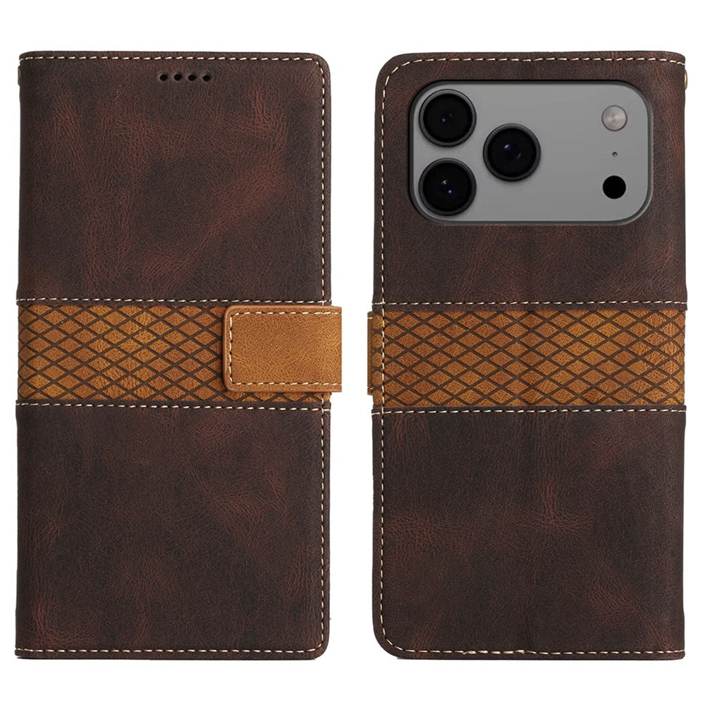 For iPhone 17 Pro Max Case Grid Splicing Stand Wallet Leather Phone Cover - Brown