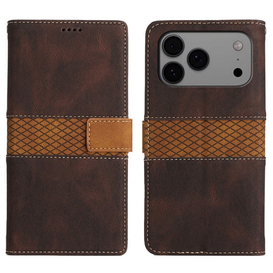 For iPhone 17 Pro Max Case Grid Splicing Stand Wallet Leather Phone Cover - Brown