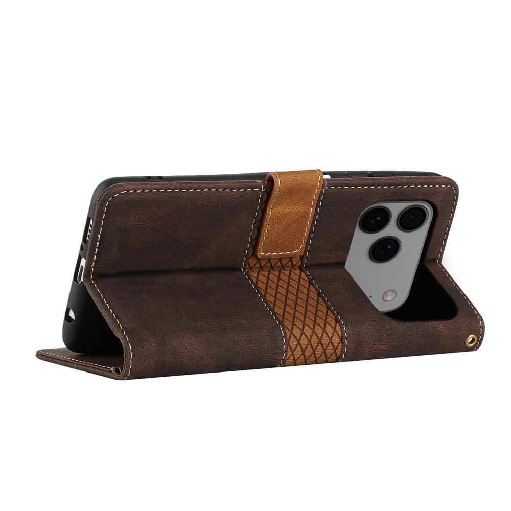 For iPhone 17 Pro Max Case Grid Splicing Stand Wallet Leather Phone Cover - Brown
