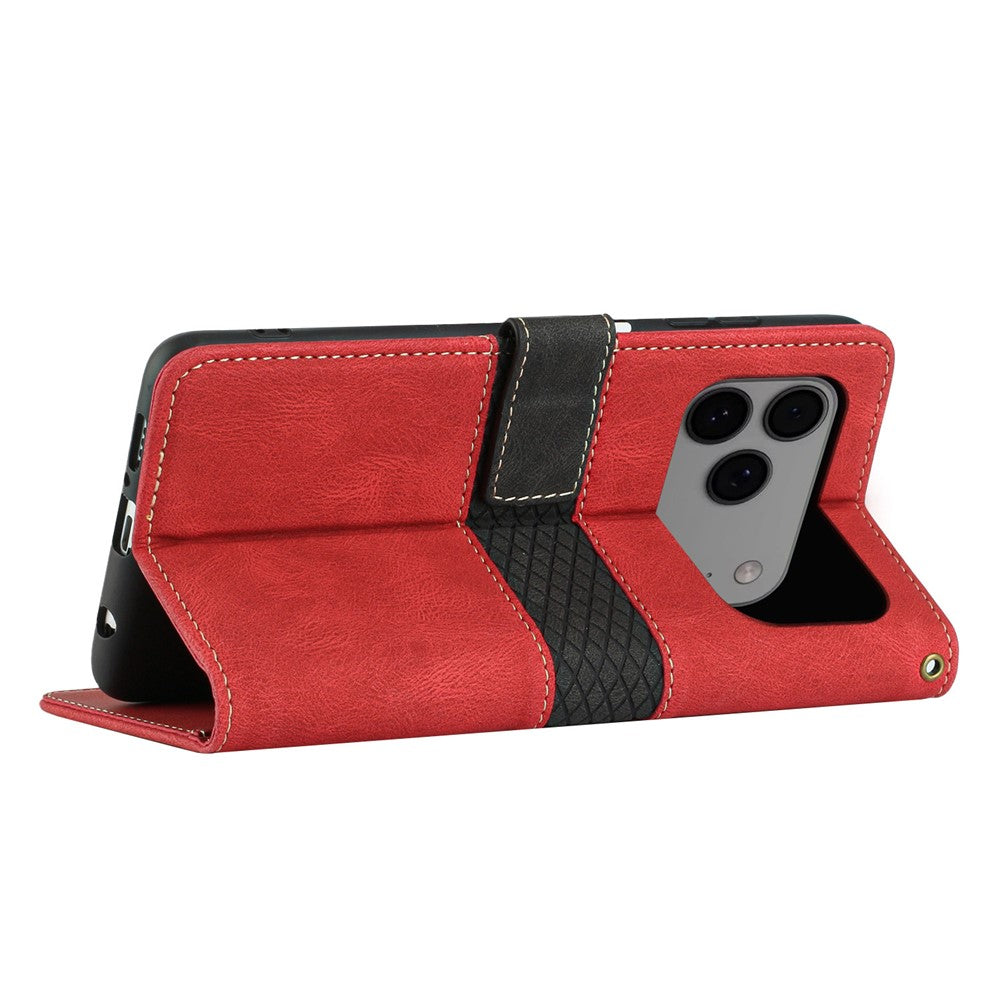 For iPhone 17 Pro Max Case Grid Splicing Stand Wallet Leather Phone Cover - Red