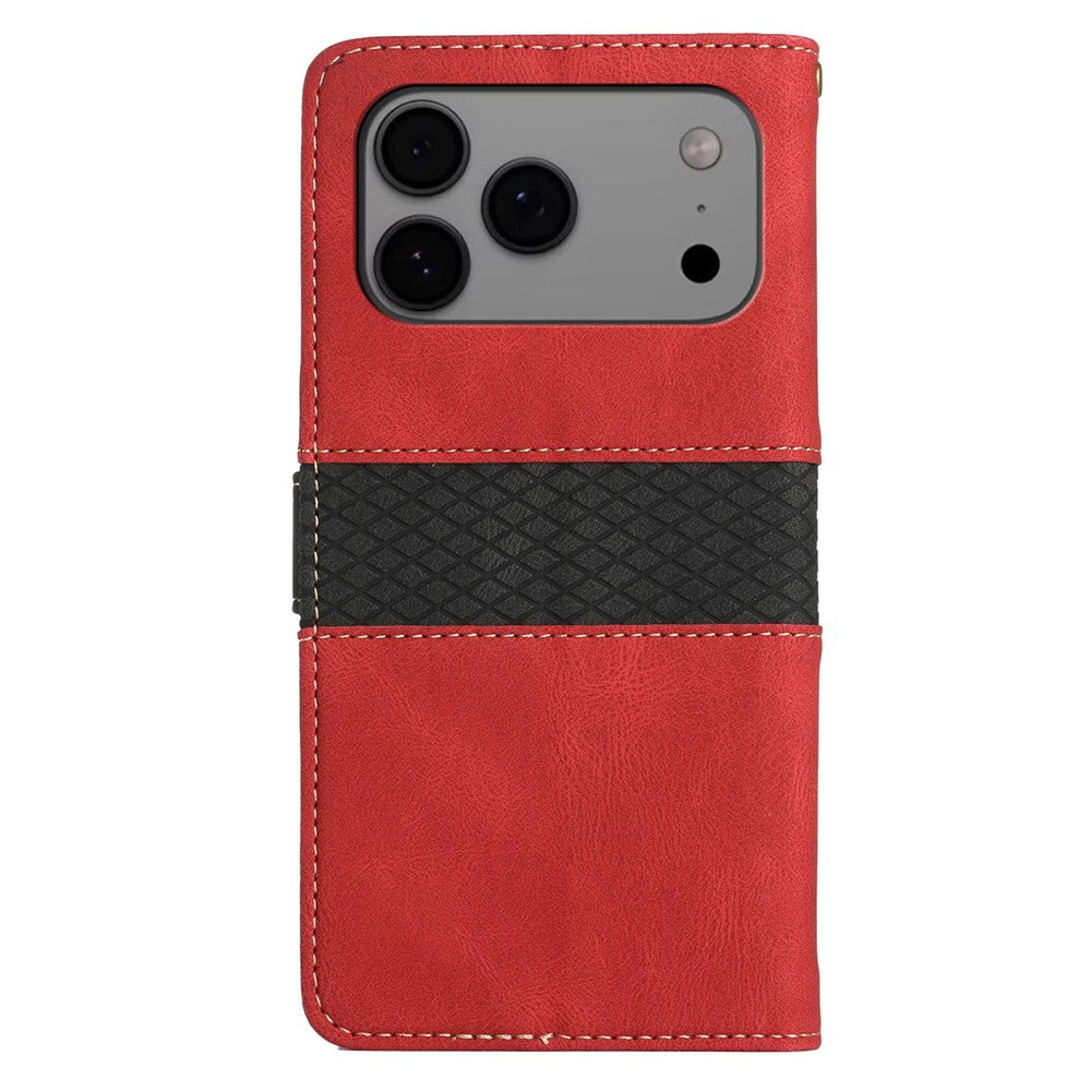 For iPhone 17 Pro Max Case Grid Splicing Stand Wallet Leather Phone Cover - Red