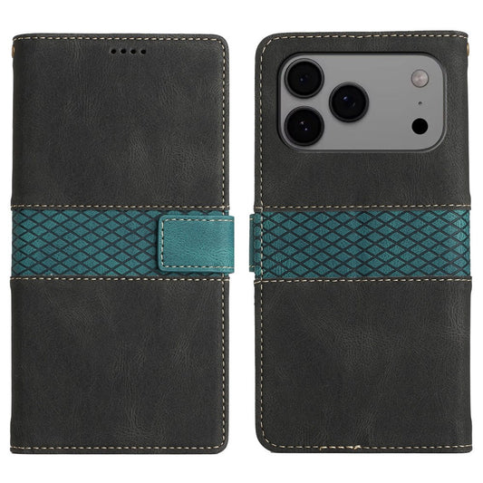 For iPhone 17 Pro Max Case Grid Splicing Stand Wallet Leather Phone Cover - Black