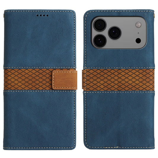 For iPhone 17 Pro Max Case Grid Splicing Stand Wallet Leather Phone Cover - Blue