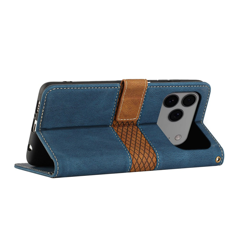 For iPhone 17 Pro Max Case Grid Splicing Stand Wallet Leather Phone Cover - Blue