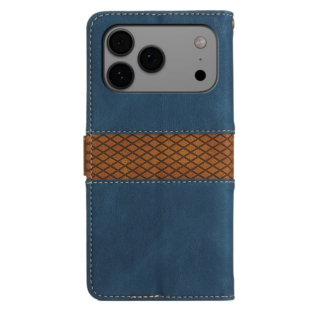 For iPhone 17 Pro Max Case Grid Splicing Stand Wallet Leather Phone Cover - Blue