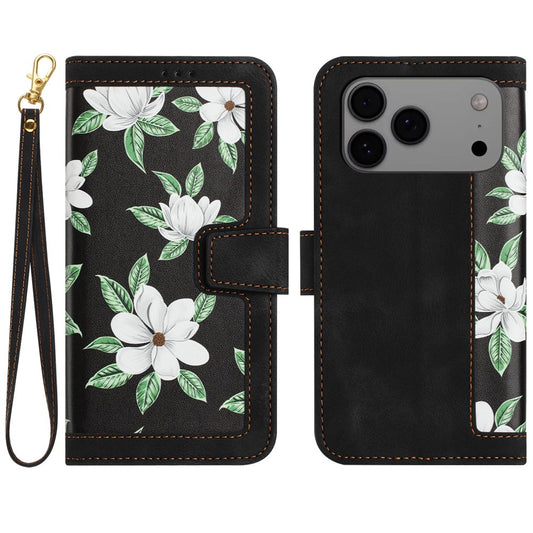 For iPhone 17 Pro Max Case PU Leather Floral Phone Cover with Card Slots / Wrist Strap - Black