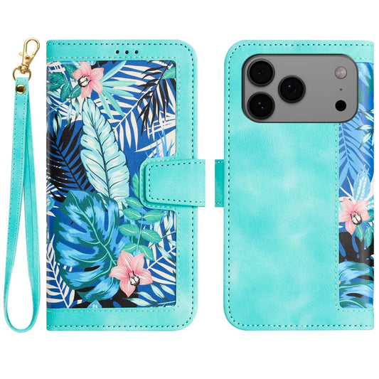 For iPhone 17 Pro Max Case PU Leather Floral Phone Cover with Card Slots / Wrist Strap - Green