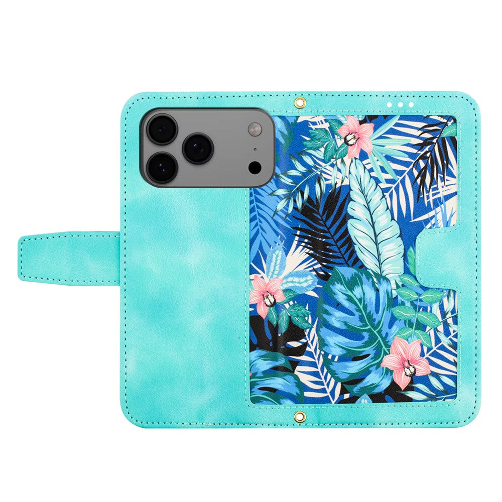For iPhone 17 Pro Max Case PU Leather Floral Phone Cover with Card Slots / Wrist Strap - Green