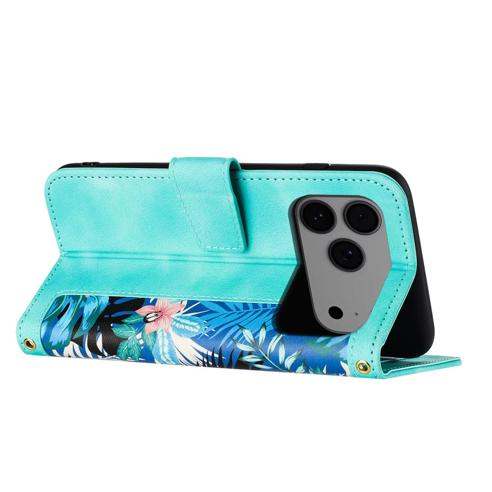 For iPhone 17 Pro Max Case PU Leather Floral Phone Cover with Card Slots / Wrist Strap - Green